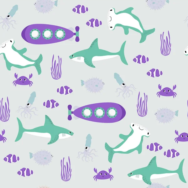 Διάνυσμα Αδιάλειπτη Μοτίβο Καρχαρία Υποβρύχιο Καβούρι Καλαμάρι Hammerhead Ψάρια Fugu — Διανυσματικό Αρχείο