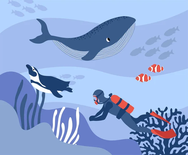 Vektor Ocean Illustration Med Dykare Pingvin Clown Fisk Alger Koraller Vektorgrafik