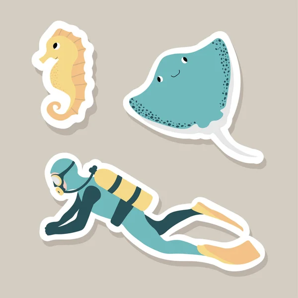 Cute Vector Stickers Set Diver Devilfish Seahorse Underwater Cartoon Creatures — Stock Vector