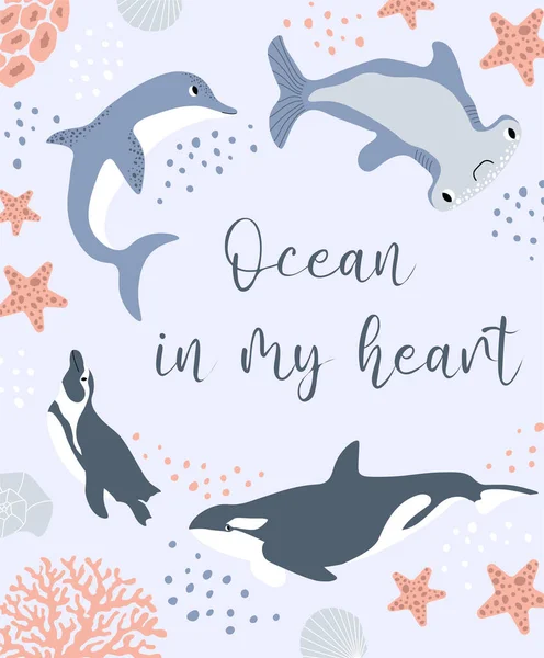 Vektor Ocean Illustration Med Pingvin Delfin Späckhuggare Val Hammarhaj Fisk Royaltyfria illustrationer