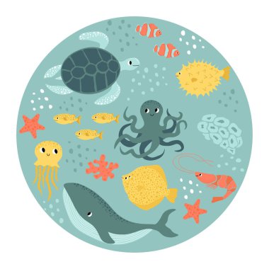 Balina, ahtapot, kaplumbağa, pisi balığı, karides, palyaço balığı, deniz yıldızı. Deniz altı hayvanları. Pankart, el ilanı, kartpostal, web sitesi tasarımı, poster, poster tasarımı için ekoloji tasarımı..