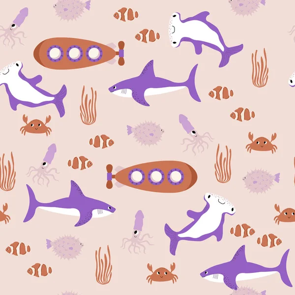 Векторный Безморский Рисунок Акулой Подводной Лодкой Крабом Щукой Рыбой Молотом — стоковый вектор