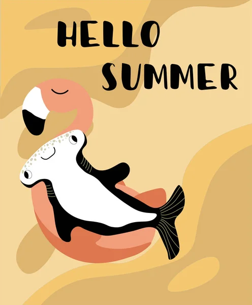 Vektor Ocean Illustration Med Hammarhaj Fisk Uppblåsbar Flamingo Hello Summer Stockillustration