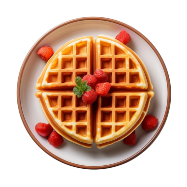 Yumuşak kenarlı, şeffaf arka planda izole edilmiş altın waffle tabağı kahvaltı fotoğrafçılığı, tatlı ikramları ve yemek tasarımı için mükemmel.