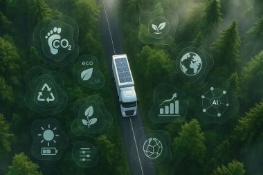 Güneş panelleri olan çevre dostu bir kamyon yeşil ormanda ilerlerken, fütüristik sürdürülebilirlik simgeleri ile yapay zeka, karbondioksit ve çevresel metriği vurguluyor.