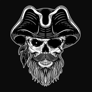 Kara Sanat Kafatası korsanları. Giysi için Kaptan İskelet Vintage illüstrasyon.