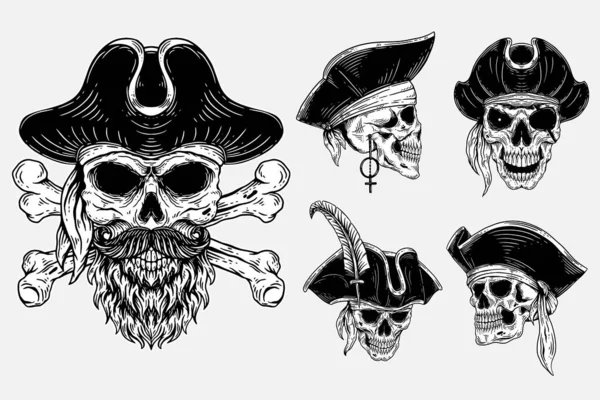 Set Bundle Dark Art Skull Pirates Captain Skeleton Vintage Illustration — Stock Vector