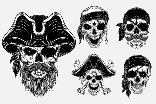 Set Koyu Sanat Kafatası Korsanları Kıyafetler Için Kaptan Skelet Vintage — Stok Vektör