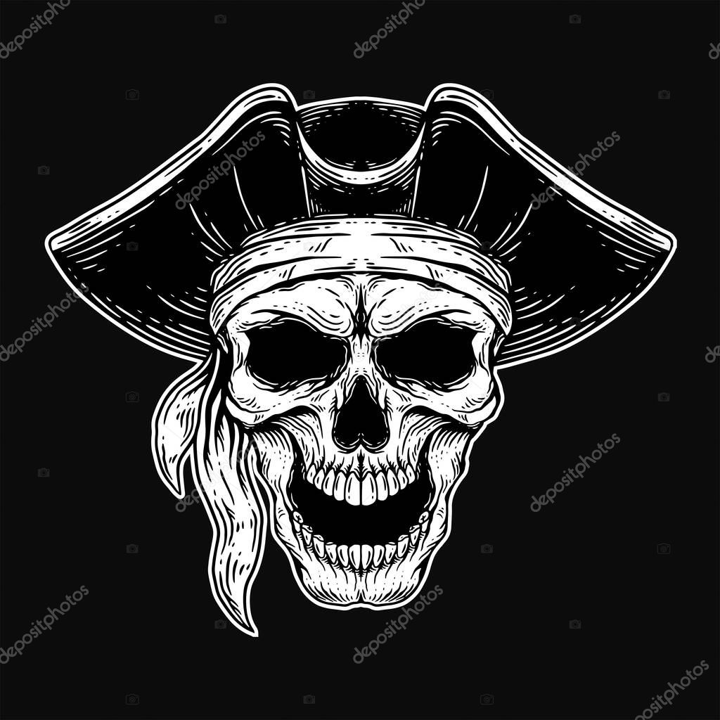 Dark Art Skull pirates captain Skeleton Vintage illustration for clothing apparel