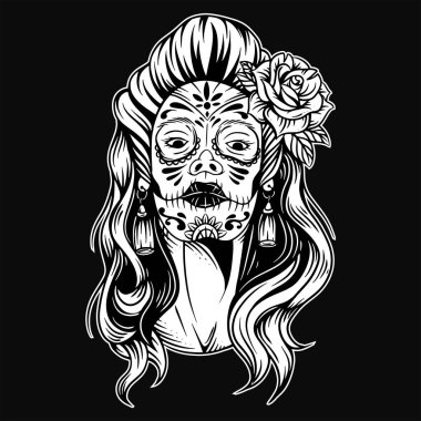 Kafatası güzeli Kurukafa Kız Muertos. Kafatası maskesi dövmeli klasik kız.