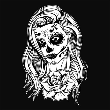 Şeker kafatası kızı Muertos kız yüzü güllerle süslenmiş, klasik kadın resimleri çiziyor.