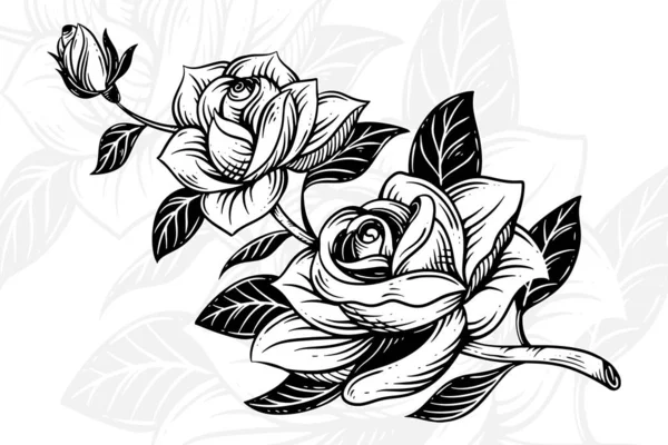 手工绘制的玫瑰和树叶古色古香的花朵山形构图图解 — 图库矢量图片