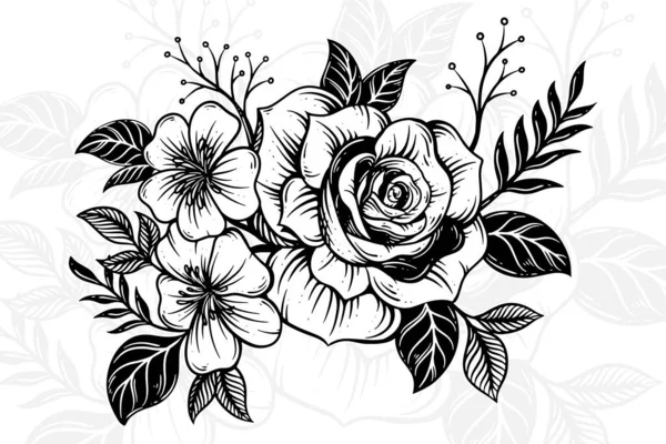 玫瑰花线艺术与叶尖花构图手绘花卉装饰花 — 图库矢量图片