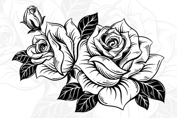 玫瑰花线艺术与叶尖花构图手绘花卉装饰花 — 图库矢量图片