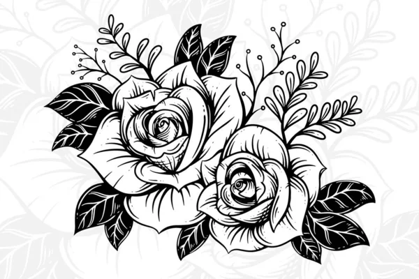 Rose Fleur Ligne Art Avec Clipart Feuille Composition Florale Bouquet — Image vectorielle