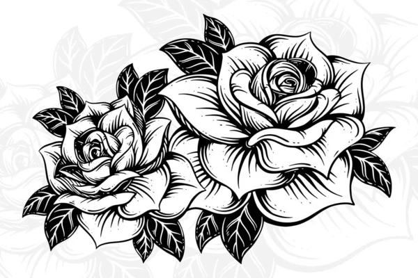 古色古香的美丽花朵玫瑰元素花束茎纹身手绘风格 — 图库矢量图片