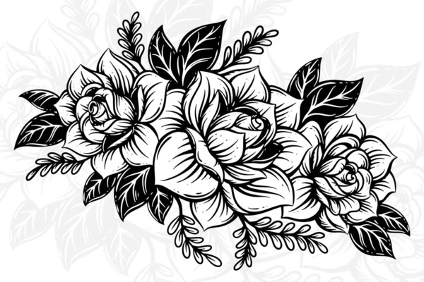 Vintage Hermosas Flores Rose Elementos Flores Ramo Tallo Para Tatuaje — Archivo Imágenes Vectoriales