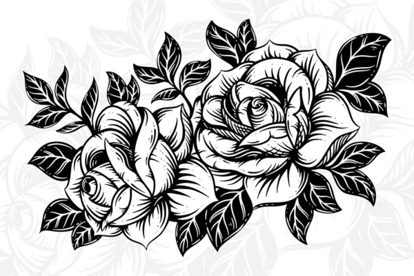 Vintage Hermosas Flores Rose Elementos Flores Ramo Tallo Para Tatuaje — Archivo Imágenes Vectoriales