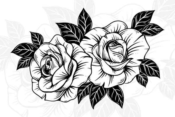 手工绘制的玫瑰和树叶古色古香的花朵山形构图图解 — 图库矢量图片