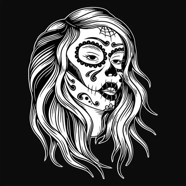 Sugar Skull Gothic Lady Women Face Girl Flower Tattoo Concept — Stock Vector