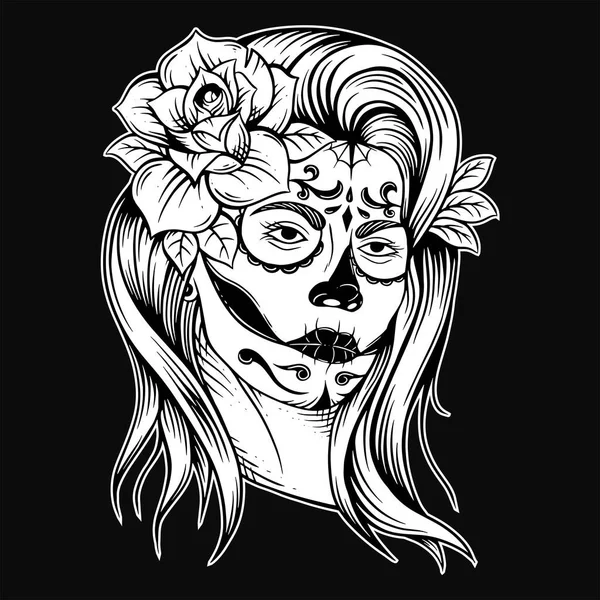 Sugar Skull Girl Muertos Girl Face Flower Roses Painting Lady — Stock Vector