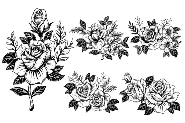 セットバンドルコレクションバラの花のラインアートと葉のクリップ花の組成手描きの花の装飾花束 — ストックベクタ