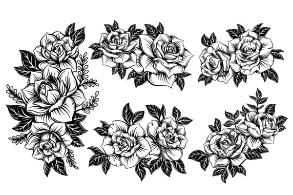 集束束收藏古色古香的美丽花朵玫瑰元素花束茎纹身手绘风格 — 图库矢量图片