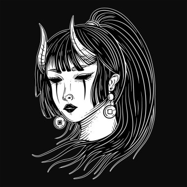 Klasik Japon kız geyşa Kafatası Maskeli savaşçı illüstrasyonu