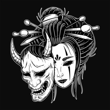 Klasik Japon kız geyşa Kafatası Maskeli savaşçı illüstrasyonu