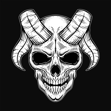 Kara Sanat İnsan Kafatası Şeytan Boynuzu Vintage Dövme kemikleri elde çizim stili