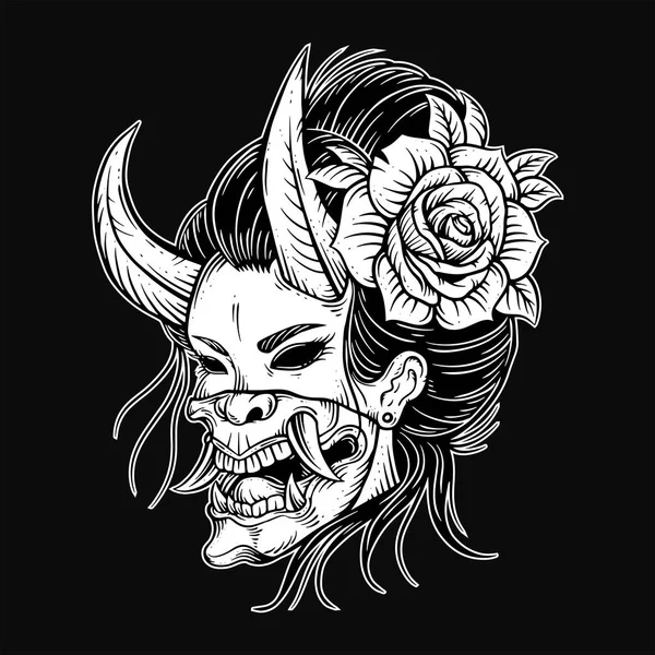 Arte Oscura Ragazza Giapponese Rosa Geisha Donna Cranio Maschera Tatuaggio — Vettoriale Stock