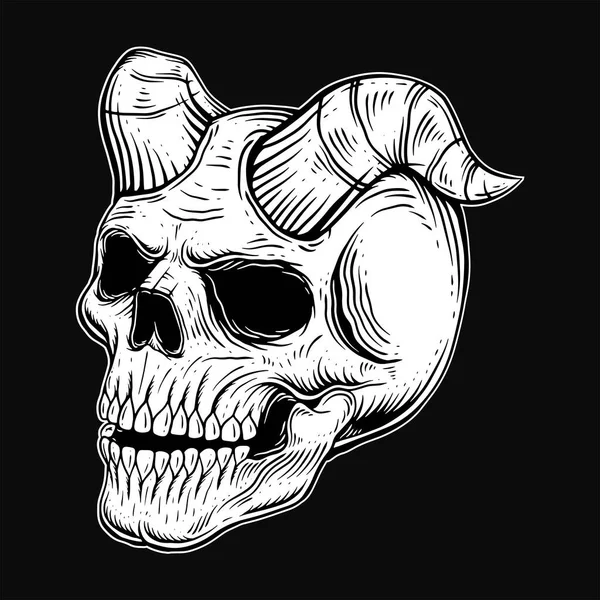 手绘风格的黑暗艺术哥特式骷髅恶魔角复古纹身骨 — 图库矢量图片