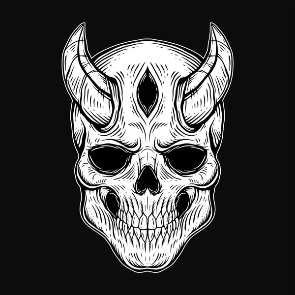 Dark Art Gothic Skull Demon Horn Vintage Стиле Ручного Рисования — стоковый вектор