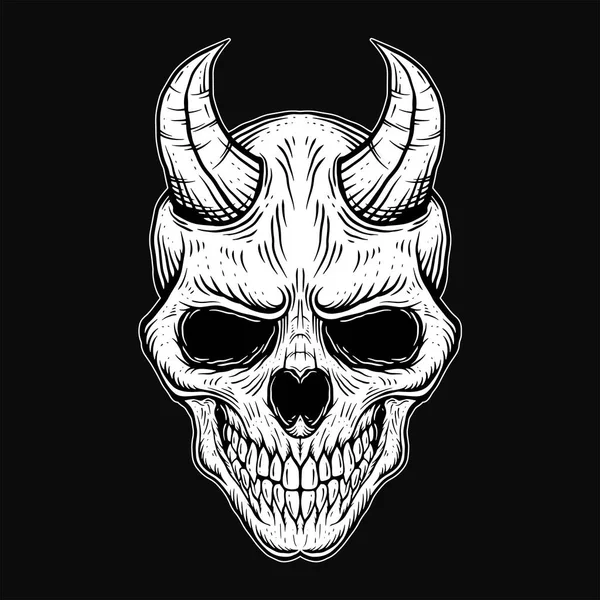 Темное Искусство Человеческого Черепа Демон Рог Винтажные Кости Татуировки Стиле — стоковый вектор