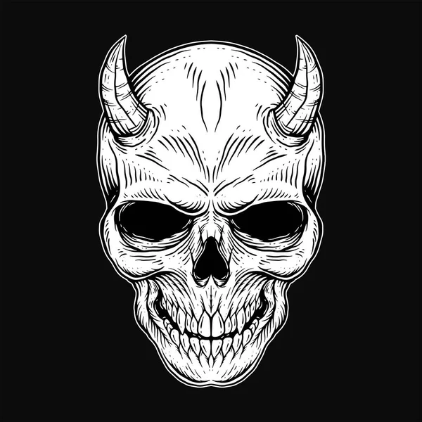Dark Art Lidská Lebka Démon Roh Ročník Tetování Kosti Ručním — Stockový vektor