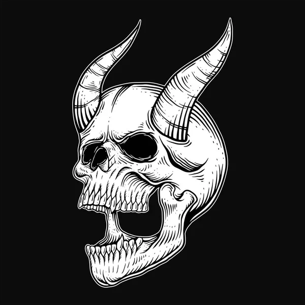 ダークアート人間の頭蓋骨悪魔ホーンヴィンテージタトゥー骨手描きスタイルで — ストックベクタ