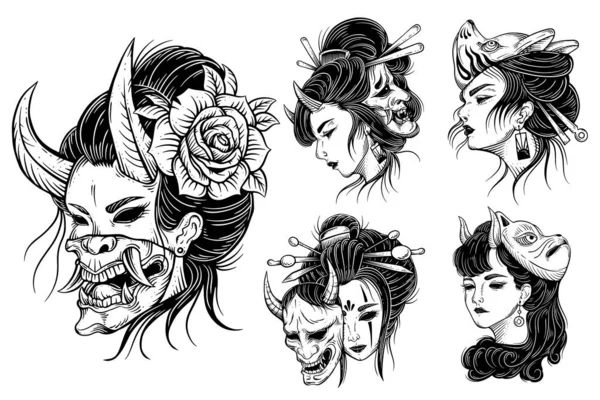 Set Bundle Vintage Japanese Girl Geisha Rose Woman Skull Mask — Stock Vector