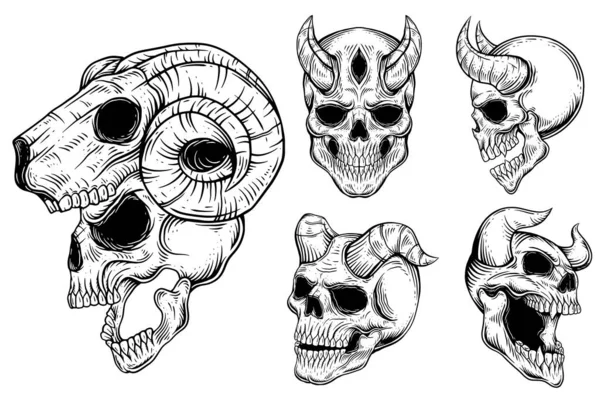 Set Bundle Dark Art Gothic Skull Demon Horn Ročník Tetování — Stockový vektor