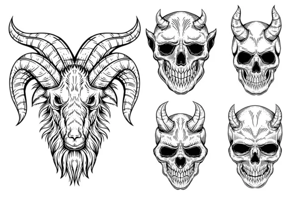 Set Paquete Arte Oscuro Cráneo Gótico Cuerno Demonio Huesos Tatuaje — Vector de stock