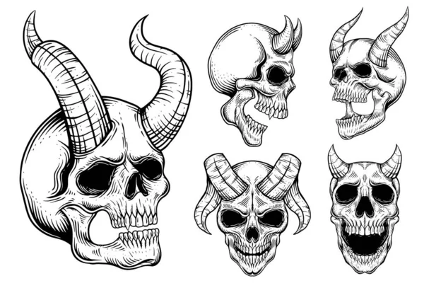 Set Bundle Dark Art Gothic Skull Demon Horn Vintage Tatuering — Stock vektor