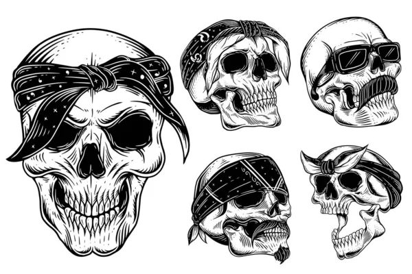 Set Bundle Dark Art Skull Rider Bikers Retro Vintage Tattoo — Stock Vector