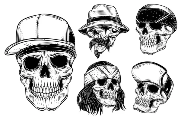 stock vector Set Bundle Dark art Skull Rider bikers retro Vintage Tattoo Helmet Motorcycle Hand drawn Style illustration