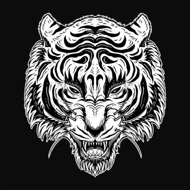 Kara Sanat Kaplanı Kafası Korkunç Kızgın Canavar Maskotu Siyah beyaz El Çizimi