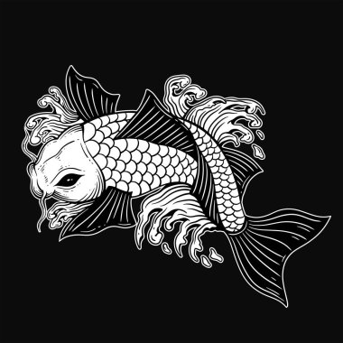 El çizimi Koi Balığı Siyah Beyaz Antika Dövme ve Kıyafet İllüstrasyonu Kara Sanatı