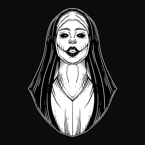 stock vector Dark Art Nun Girl Women Skull Head Ghost Horror Hatching Outline Style illustration