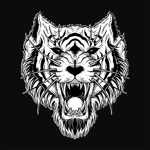Dark Art Tiger Head Scary Angry Beast Mascotte Zwart Wit — Stockvector