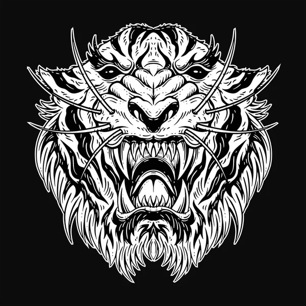 ダークアートタイガーヘッド怖い怒っている獣マスコット黒と白の手描きイラスト — ストックベクタ