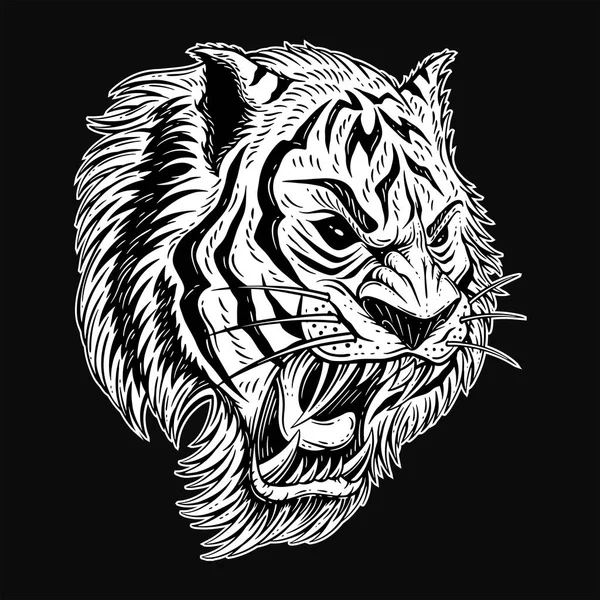 Dark Art Tiger Testa Spaventosa Angry Beast Mascotte Bianco Nero — Vettoriale Stock