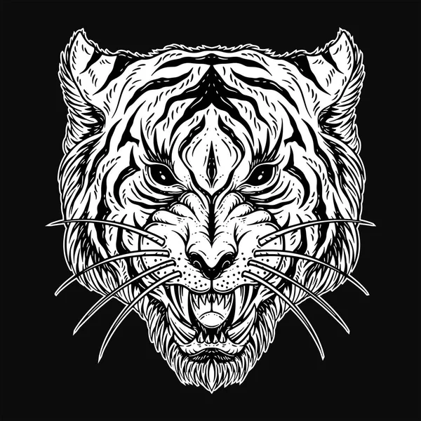 Dark Art Tiger Head Straszny Angry Beast Maskotka Czarno Biały — Wektor stockowy