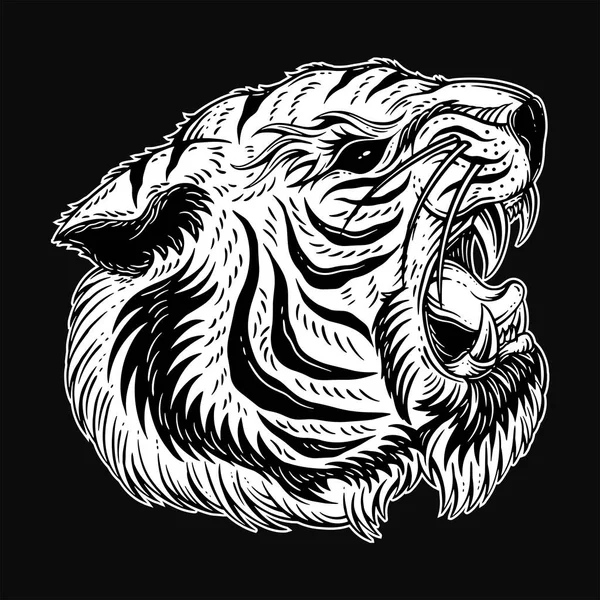 Mörk Konst Tiger Huvud Skrämmande Arga Odjur Maskot Svart Och — Stock vektor